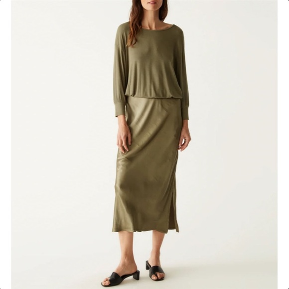 Michael Stars Nadia Mixed Fabric Satin Midi Dress in Olive Green, Size S - Picture 2 of 12